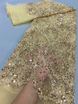 Luxury Golden African Handmade Sequins Net Pearls Lace Fabric