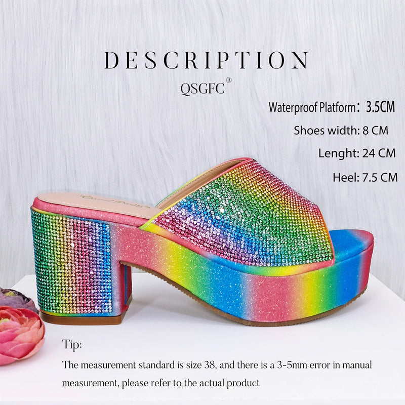 Italian Design Rainbow Colored Rhinestone Striped Shoes Bag Set