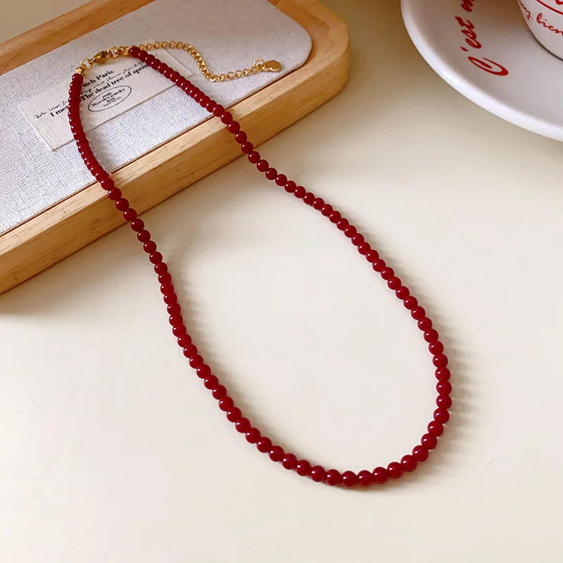 New Red Round Glass Bead Necklace