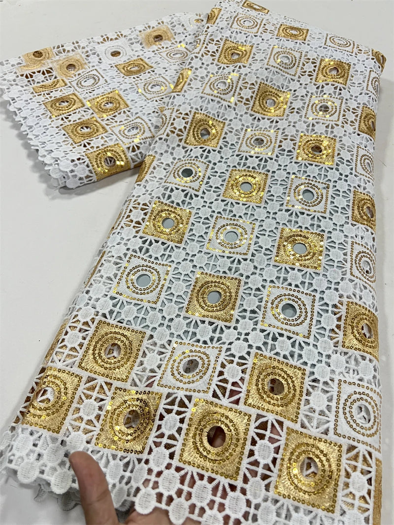 High Quality Nigerian Soluble Lace Golden Sequins Fabric