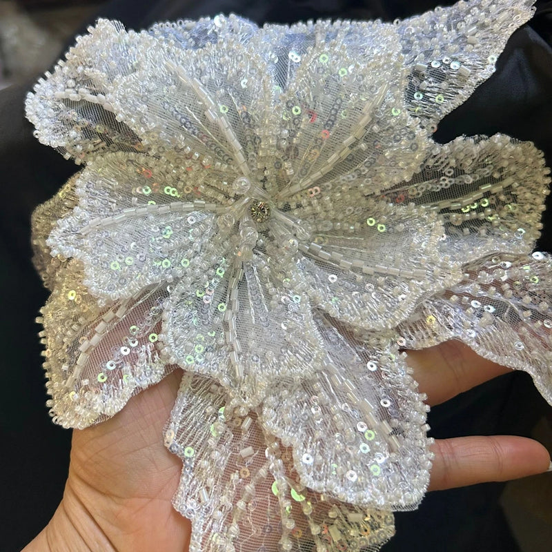 White Multi-layer Lace Sequin Studded 3D Flower