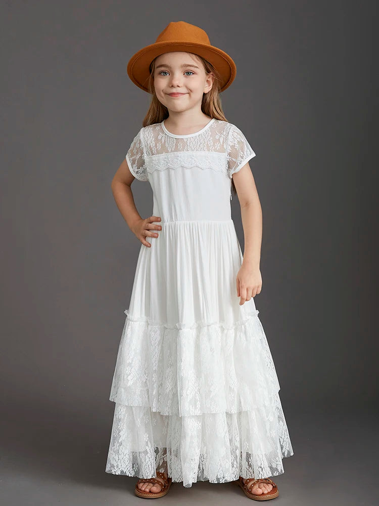 New Princess Girls Short Sleeve Lace Long Floor Dresses