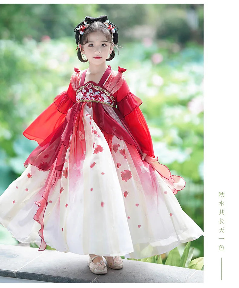 Chinese Vintage Style Girls Long Sleeve Red Hanfu Dress