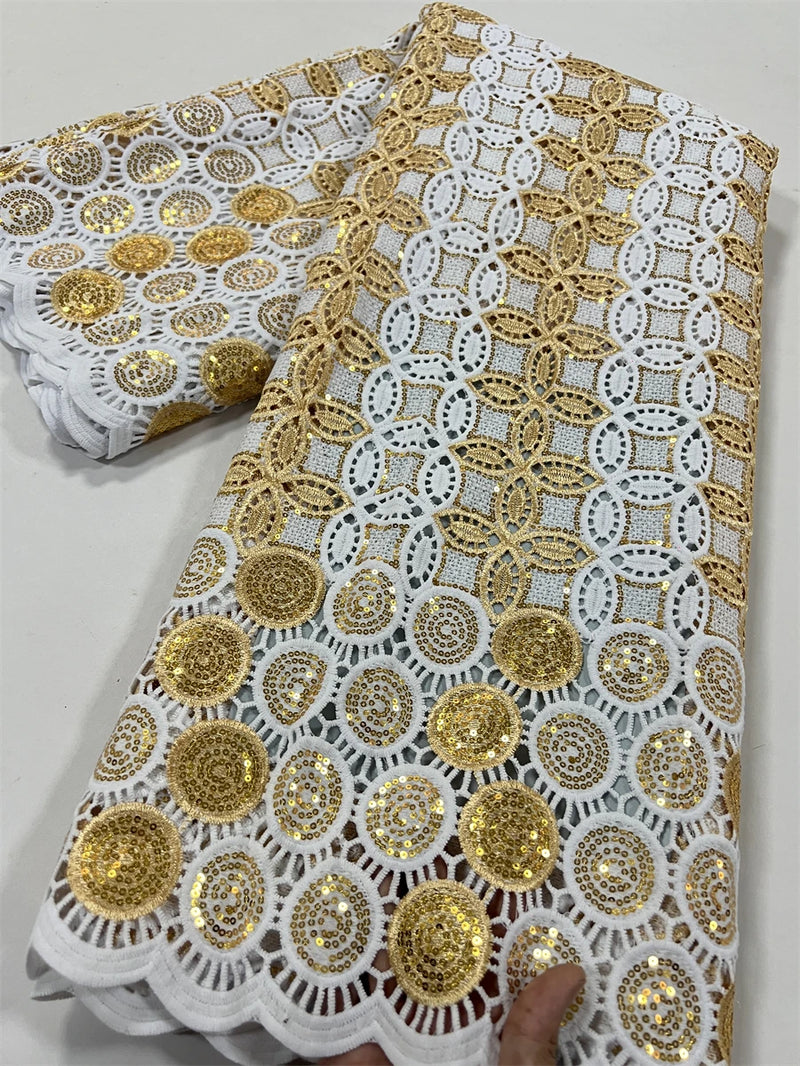 High Quality Nigerian Soluble Lace Golden Sequins Fabric