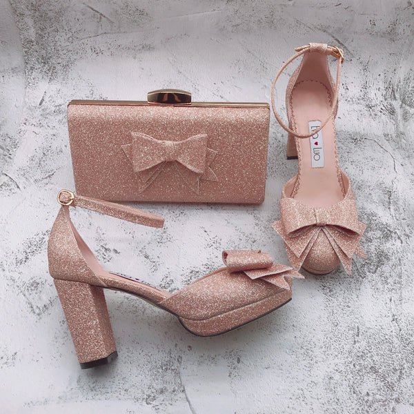 Women  Rose Gold Glitter Shoes With Matching Bag Set