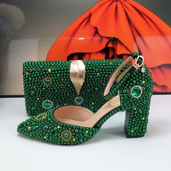 New arrival Green Pearl Bridal shoes and Bag Set