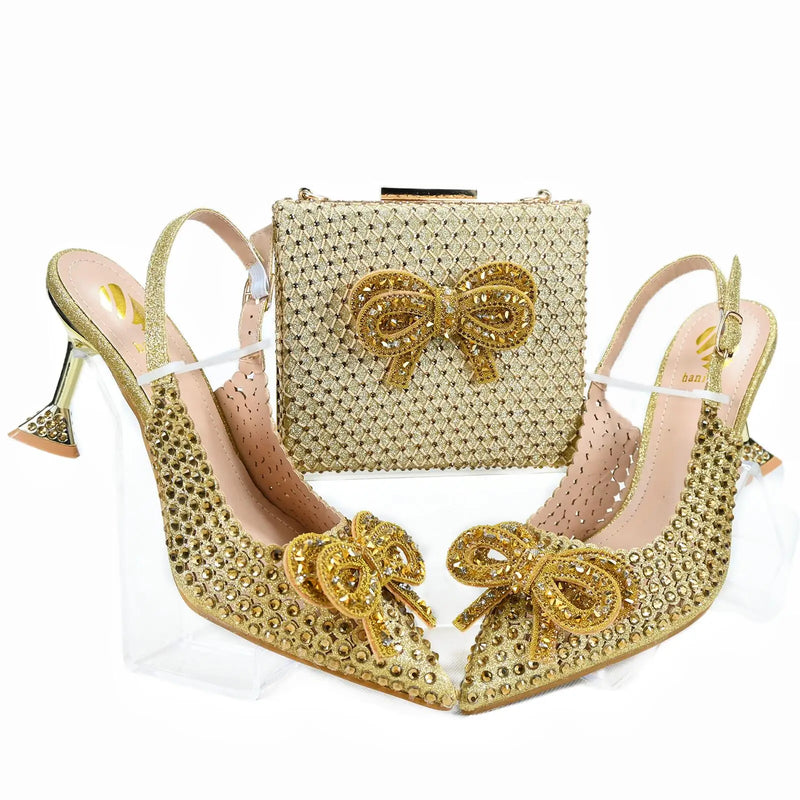 New beautiful Italian gold Shoes And Bag Sets