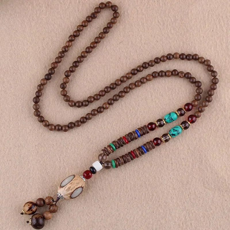 New Nepal Buddhist Mala Wood Beads Pendant & Necklace