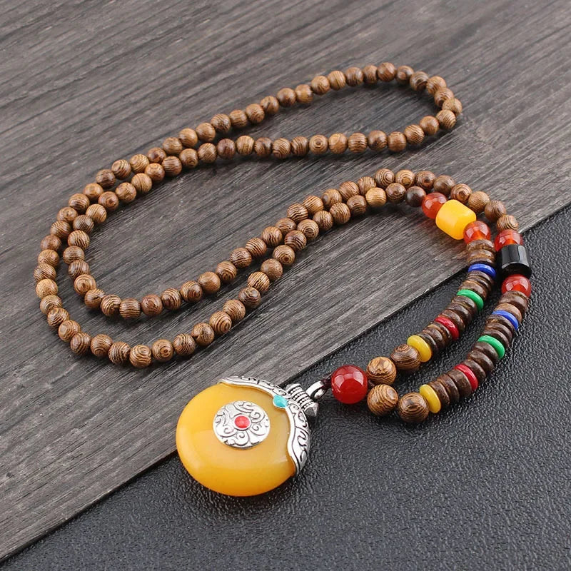 New Nepal Buddhist Mala Wood Beads Pendant & Necklace