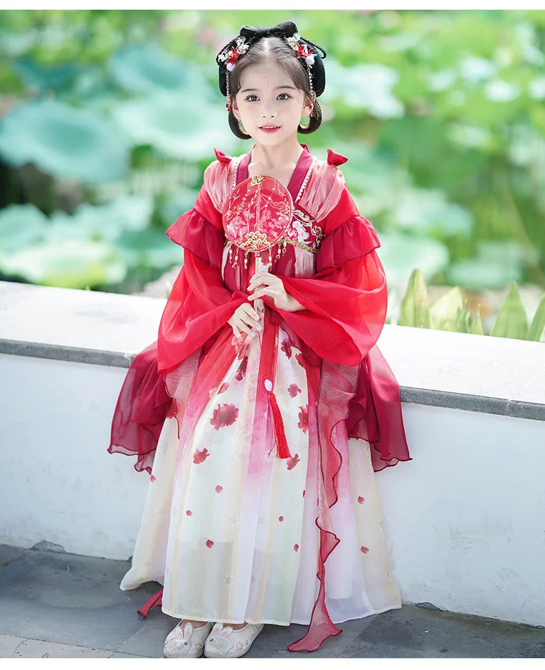 Chinese Vintage Style Girls Long Sleeve Red Hanfu Dress