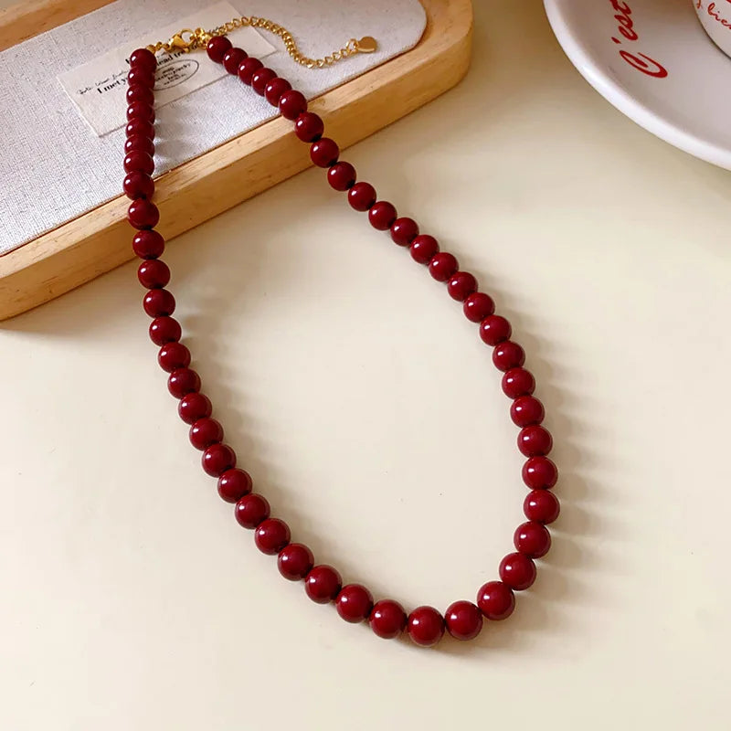 New Red Round Glass Bead Necklace