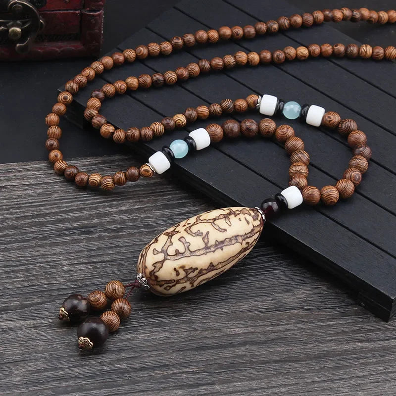 New Nepal Buddhist Mala Wood Beads Pendant & Necklace