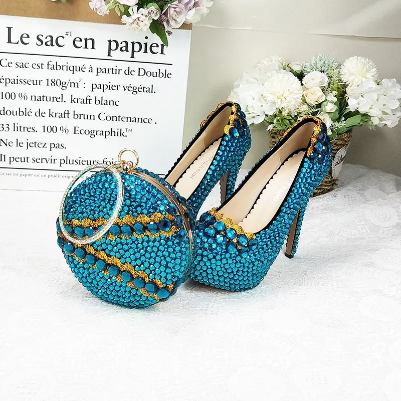 Autumn New Bluish Green crystal Womens Wedding shoes with matching bags