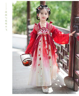 Chinese Vintage Style Girls Long Sleeve Red Hanfu Dress