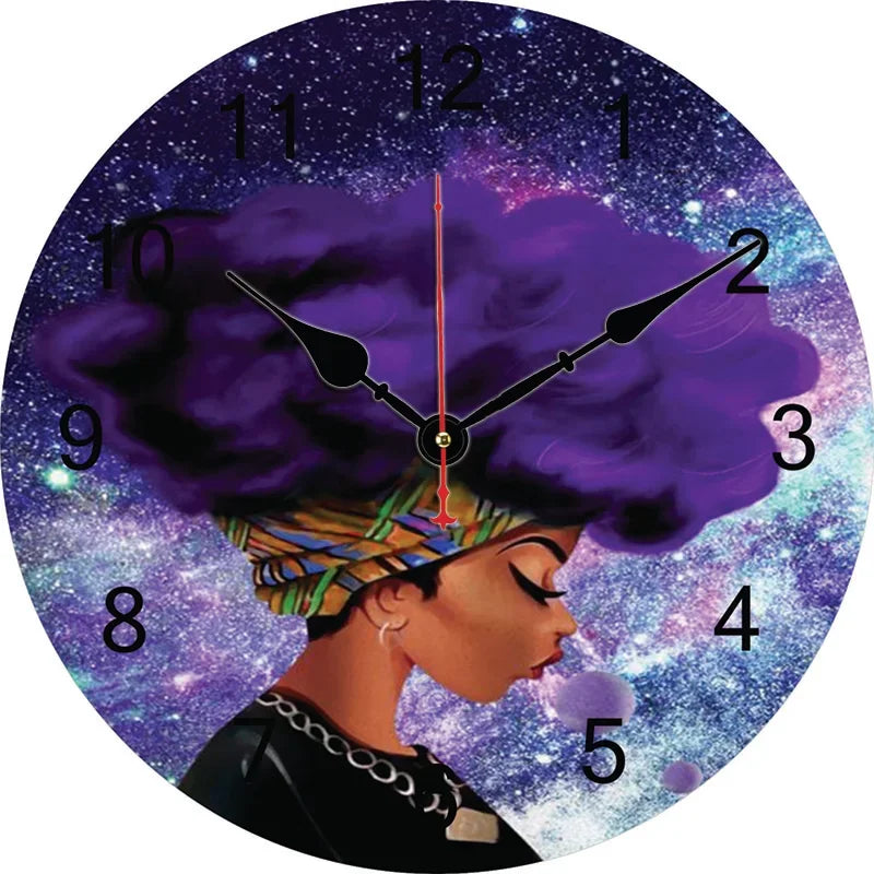 African Woman Starry Night Wall Clock Round Silent Art