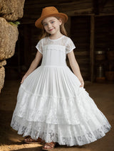 New Princess Girls Short Sleeve Lace Long Floor Dresses