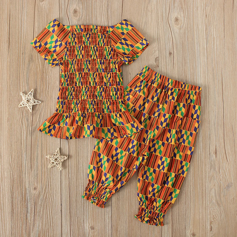 African Bohemian style geometric short-sleeved tops and pants two-piece