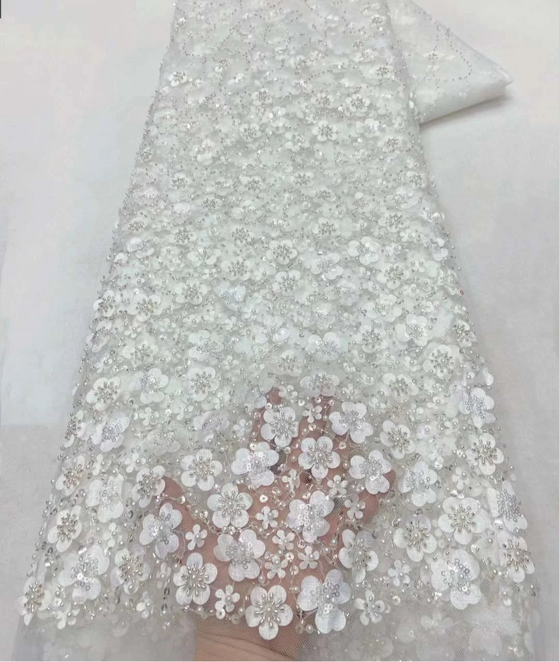 New White African Beaded Lace Fabric