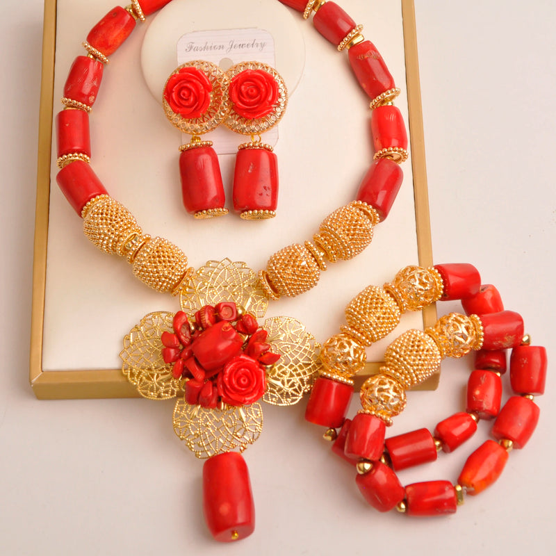 Original Orange Coral Beads Necklace Set