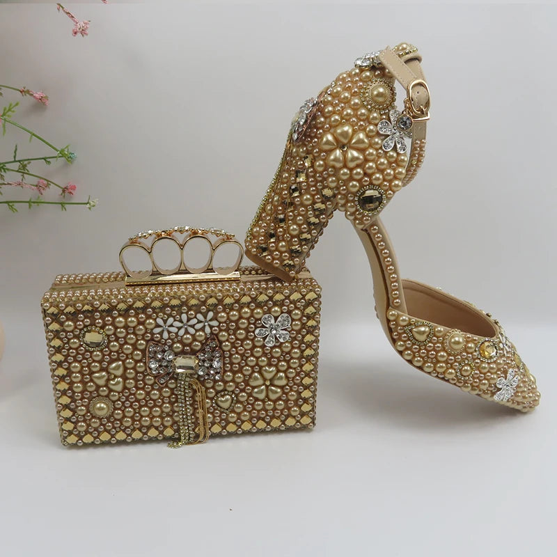 New Fashionable White Bride Party Shoes and Bag Set