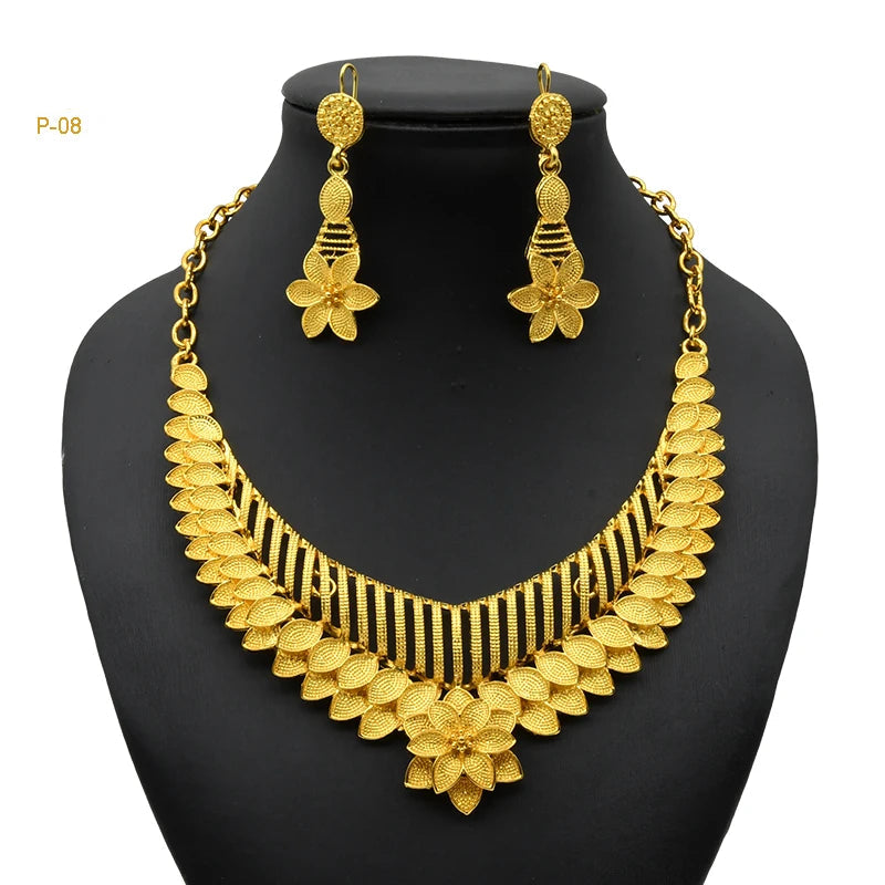 Africa Dubai Flowers Long Gold Plated Jewelry Sets