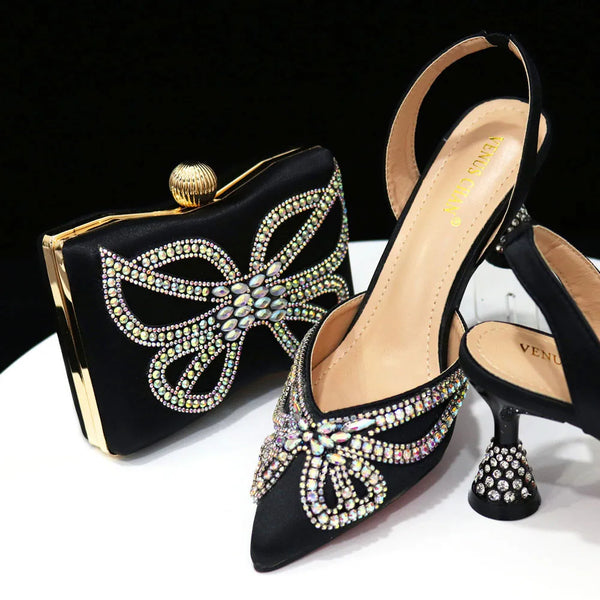 New Arrival Italian Design Black Color Woman Shoes And Bag Set