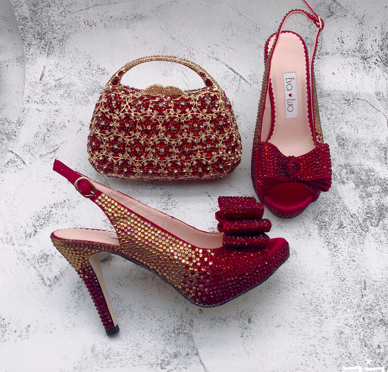 New Slingbacks Winered Gold Rhinestones  Shoes With Matching Bag Set