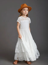 New Princess Girls Short Sleeve Lace Long Floor Dresses