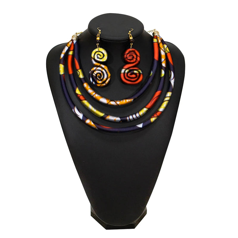 New African Rope Necklace Print Wax Ankara Fabric Set