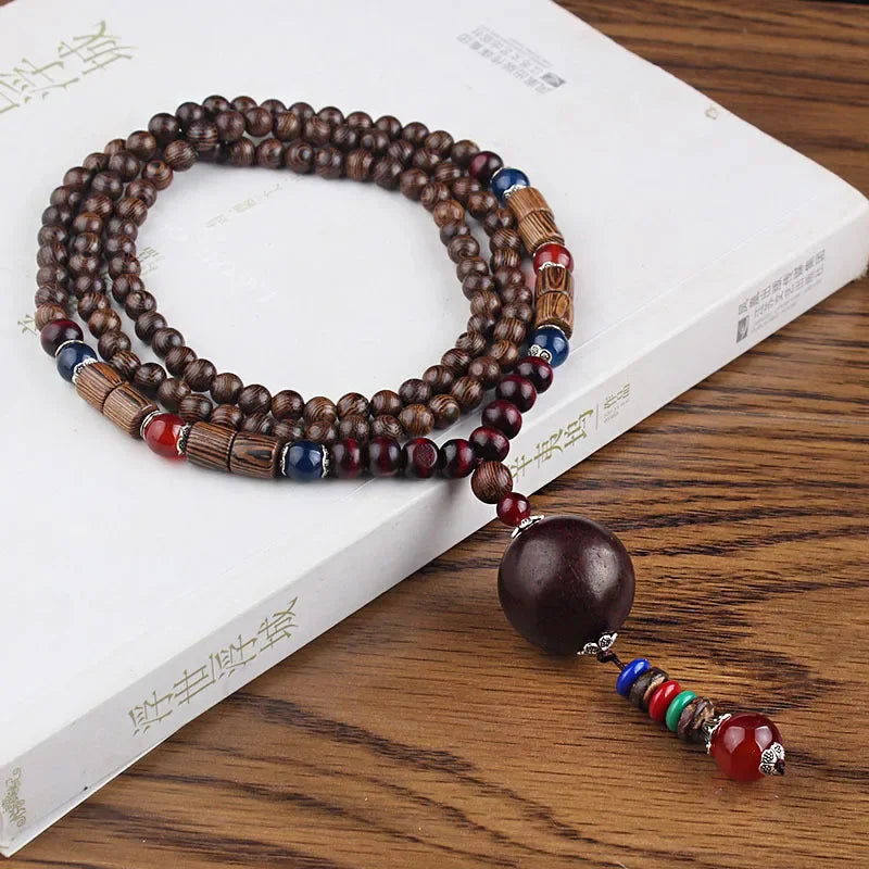 New Nepal Buddhist Mala Wood Beads Pendant & Necklace