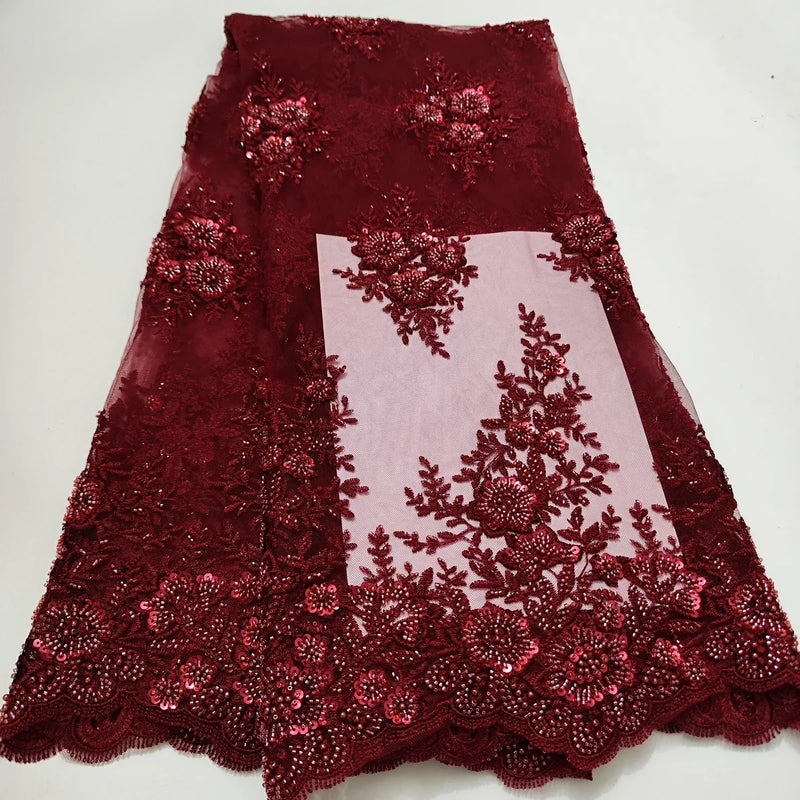 New Luxury Wine African Sequins Beads Lace Fabric