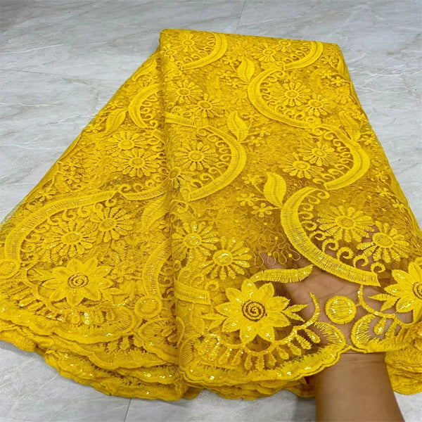 Yellow  Latest White African Sequin Lace Fabric