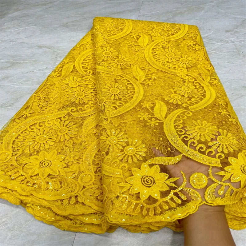 Yellow  Latest White African Sequin Lace Fabric