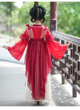 Chinese Vintage Style Girls Long Sleeve Red Hanfu Dress