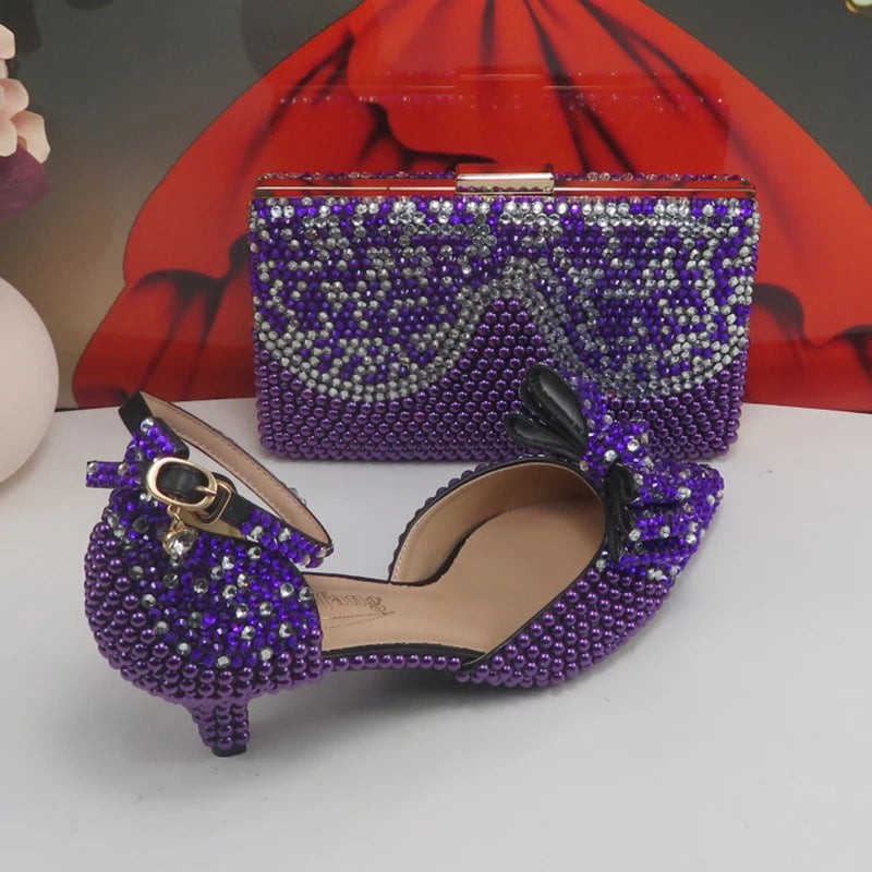 New arrival Purple Pearl Bridal shoes and Bag Set