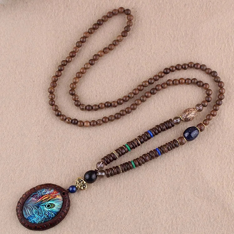 New Nepal Buddhist Mala Wood Beads Pendant & Necklace