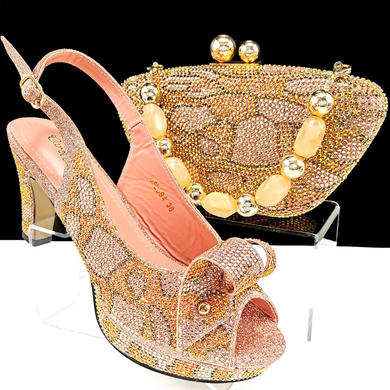 Mixed Rhinestones Pumps Italian Shoes and Bag set