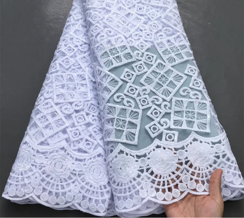 High Quality Nigerian White Mesh Embroidery Lace Fabric