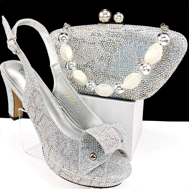 Mixed Rhinestones Pumps Italian Shoes and Bag set