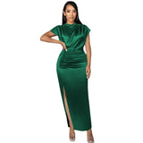 European Colored Satin Zipper Split Dress