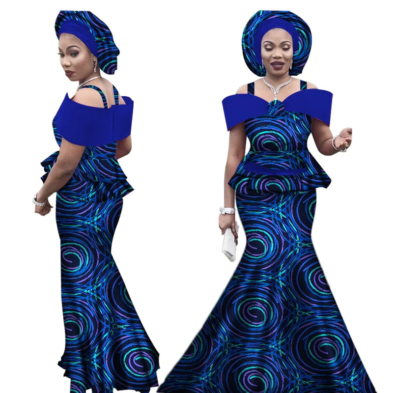 Women Dashiki Bazin Print Strap Tops and Long Skirts