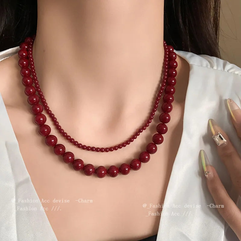 New Red Round Glass Bead Necklace