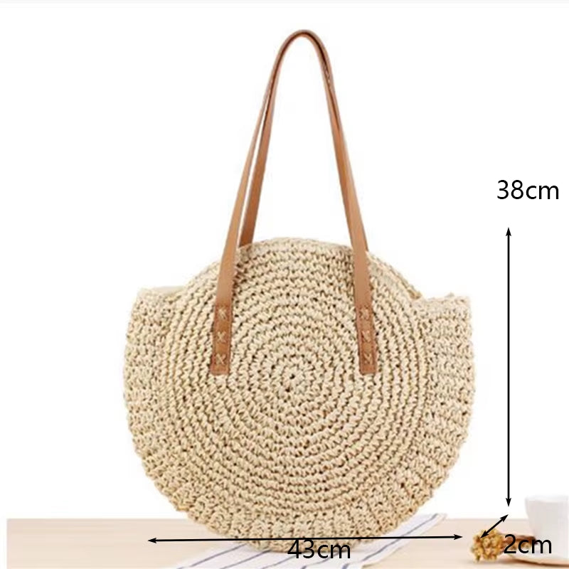 Round Straw Beach Bag Vintage Handmade Woven Shoulder Bag Raffia Circle Rattan Bags Bohemian Summer Vacation Casual Bags