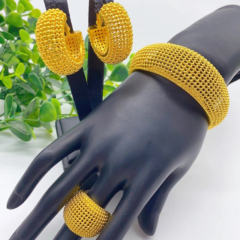 Luxury Dubai Gold Plated Bracelet Ring Earrings 3pcs Jewelry Sets