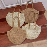 Round Straw Beach Bag Vintage Handmade Woven Shoulder Bag Raffia Circle Rattan Bags Bohemian Summer Vacation Casual Bags