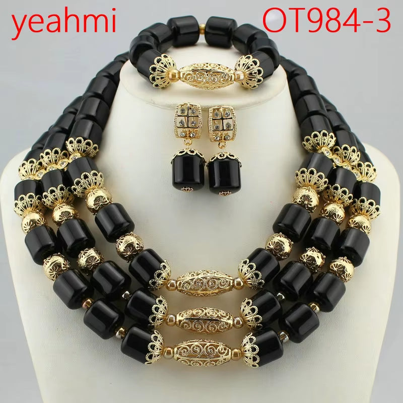 Nigeria Wedding Jewelry Set Imitation Coral Beads Golden Pendant Necklace for Women Resin Material African Bride Accessorise