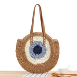 Round Straw Beach Bag Vintage Handmade Woven Shoulder Bag Raffia Circle Rattan Bags Bohemian Summer Vacation Casual Bags