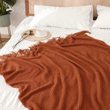 1Pc Morandi Orange Tassel Knitted Blanket, Soft Warm Throw Blanket