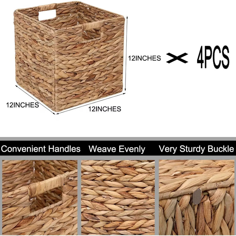 JCLD&YO9 Foldable Handwoven Water Hyacinth Storage Baskets Wicker Cube Baskets Rectangular Laundry Totes,Set 4 Pcs