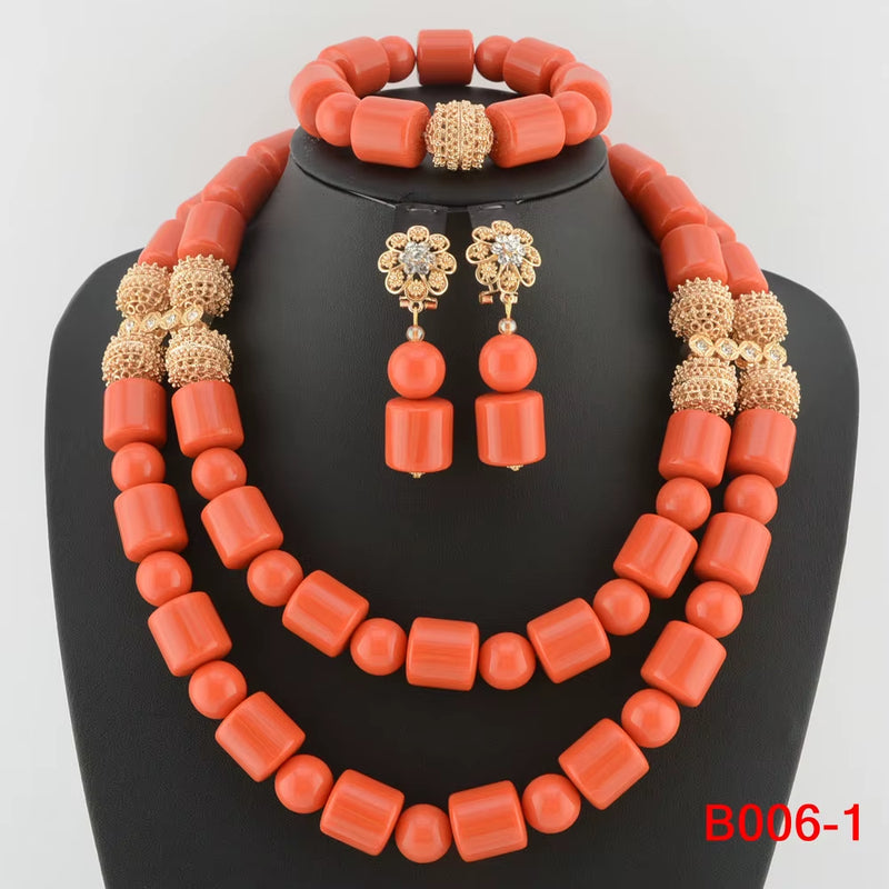 Nigeria Wedding Jewelry Set Imitation Coral Beads Golden Pendant Necklace for Women Resin Material African Bride Accessorise